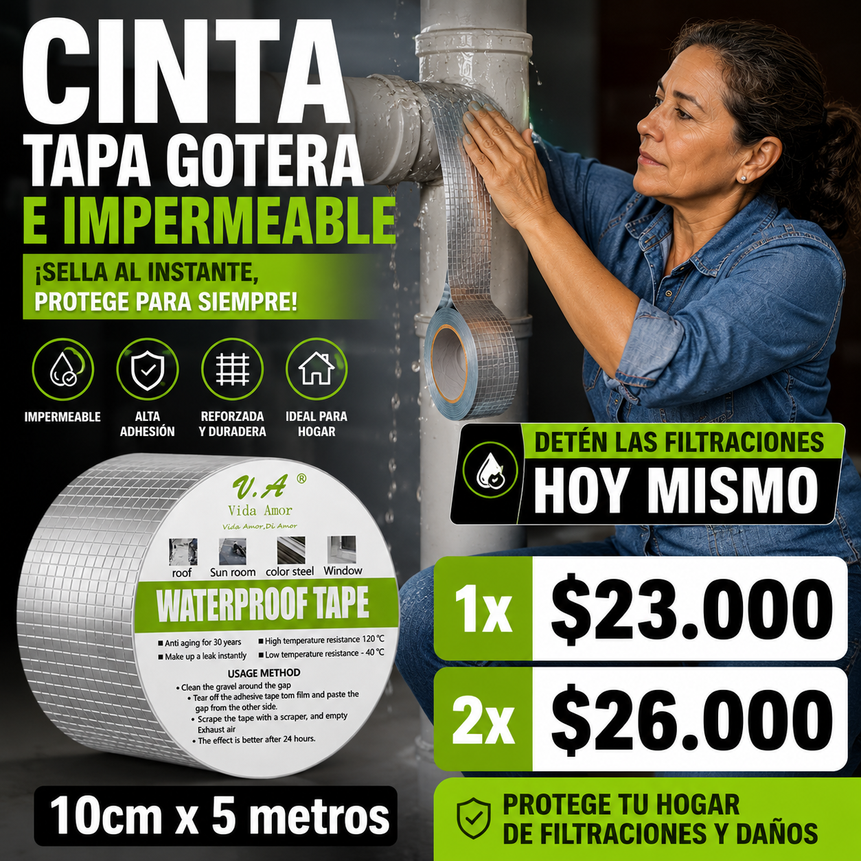 💧 Cinta Tapa Gotera De Butilo 10cm x 5mts Impermeable 🏠