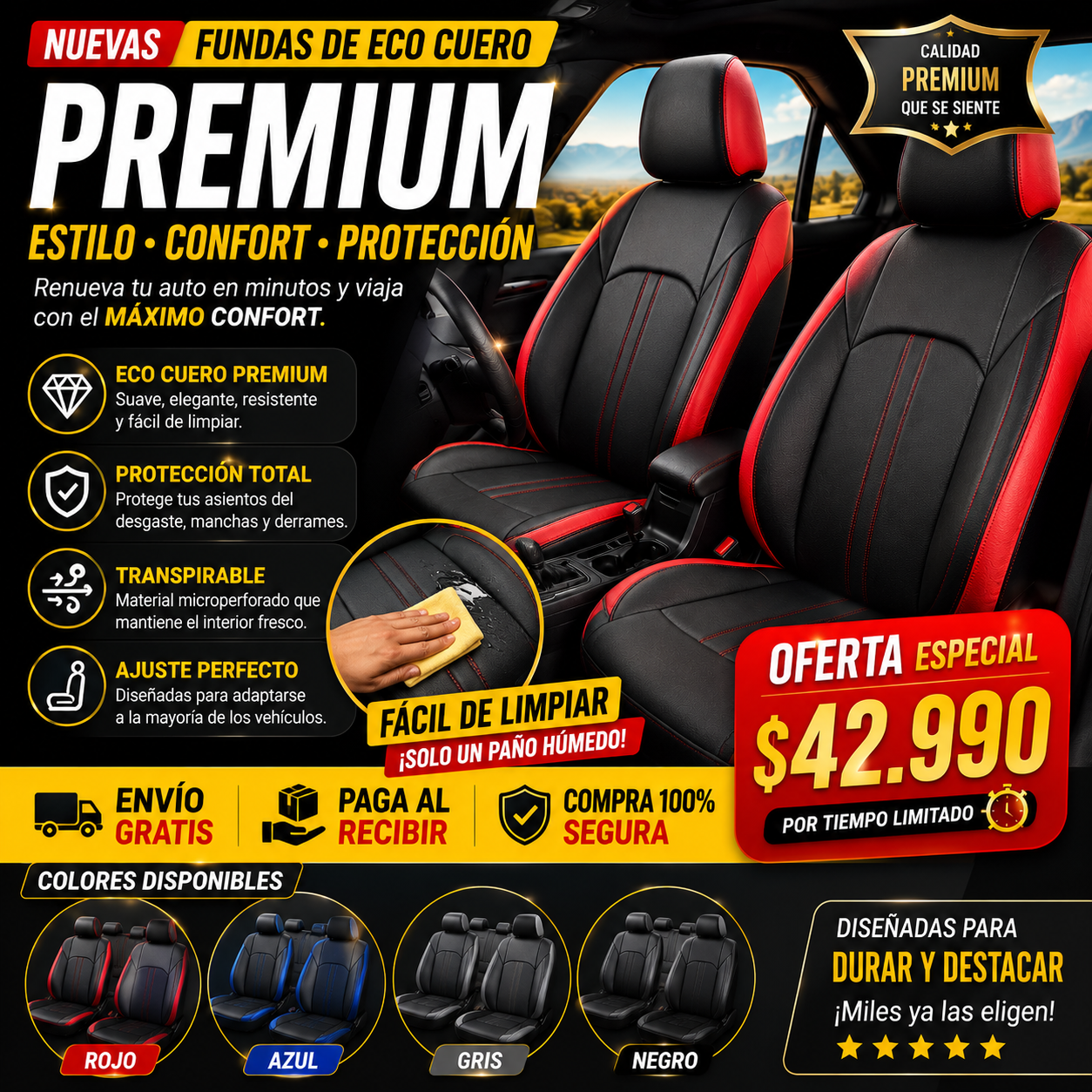 💎 Set Completo de Fundas Premium Eco Cuero para todo Vehiculo
